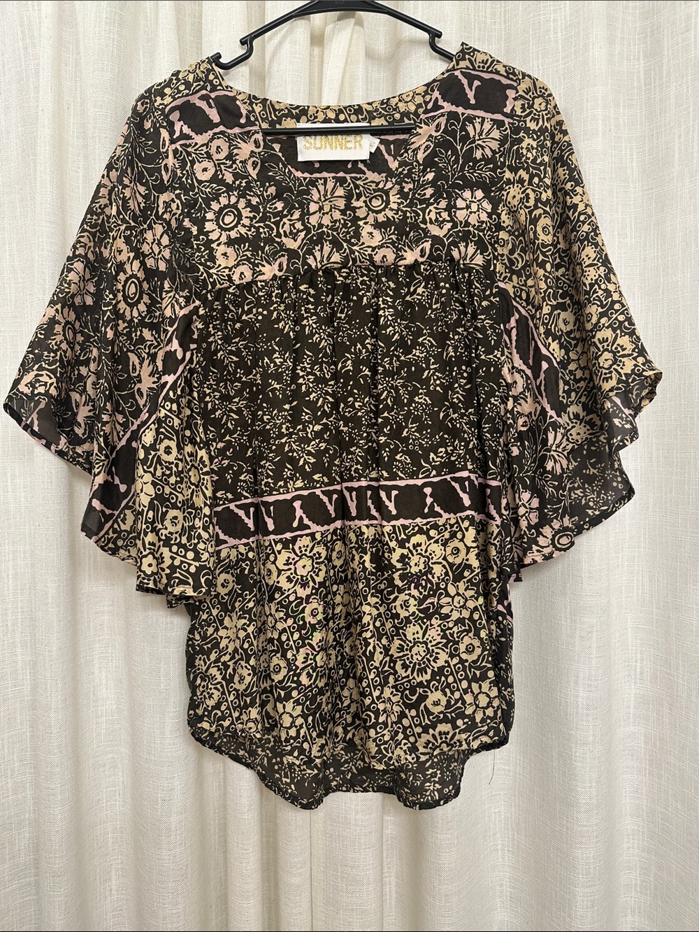 Black Floral Boho Peasant Top with Pink Accents